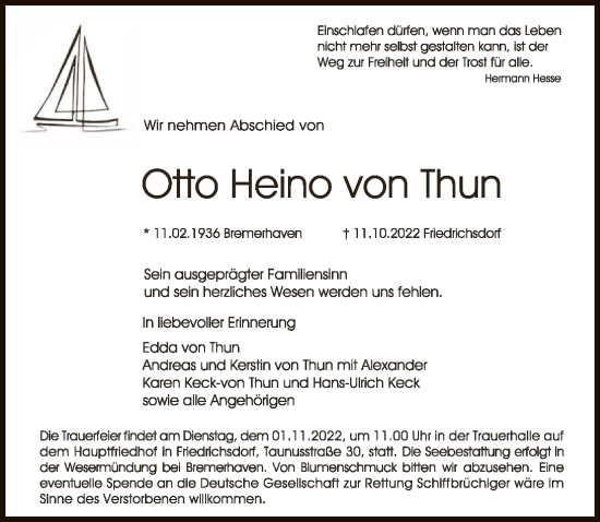 Traueranzeige von Otto Heino von Thun von FNP
