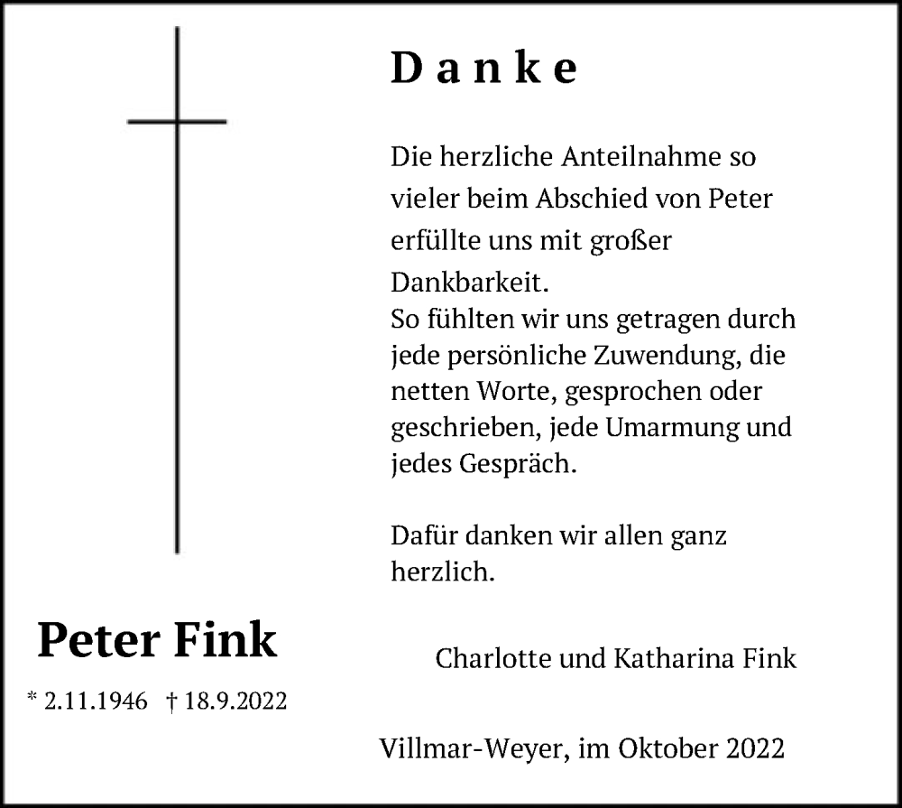  Traueranzeige für Peter Fink vom 15.10.2022 aus FNP