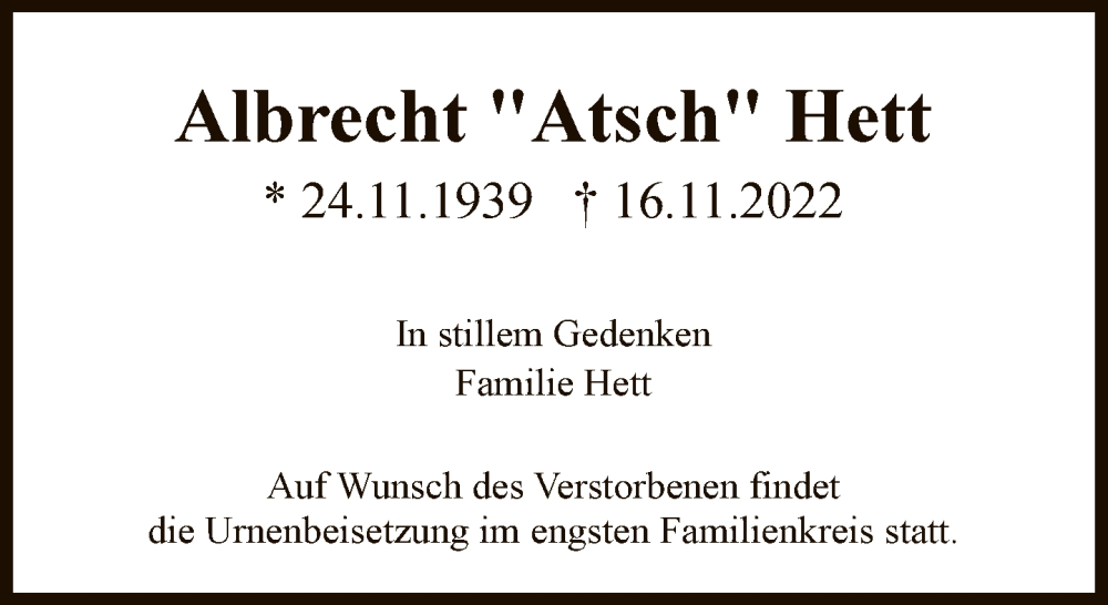  Traueranzeige für Albrecht Hett vom 19.11.2022 aus FNP