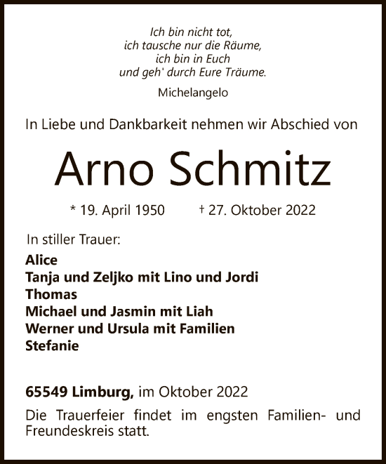 Traueranzeige von Arno Schmitz von FNP