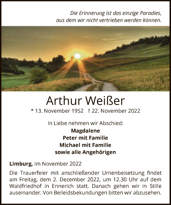 Traueranzeige von Arthur Weißer von FNP