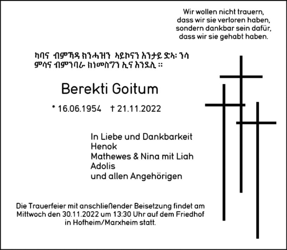  Traueranzeige für Berekti Goitum vom 26.11.2022 aus FNP