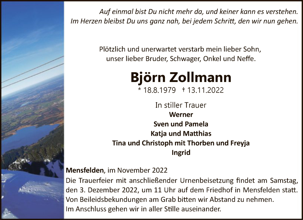  Traueranzeige für Björn Zollmann vom 30.11.2022 aus FNP