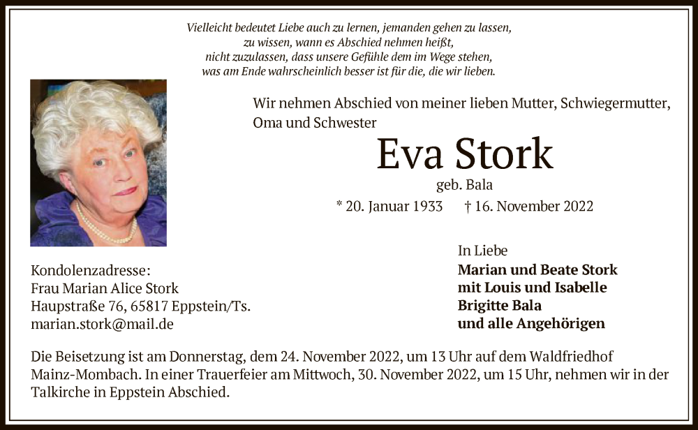  Traueranzeige für Eva Stork vom 24.11.2022 aus FNP
