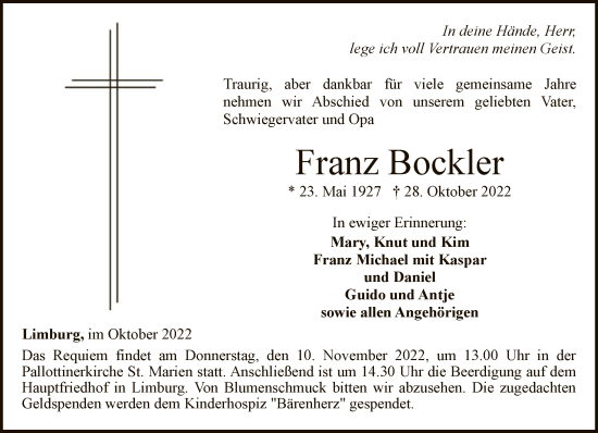 Traueranzeige von Franz Bockler von FNP