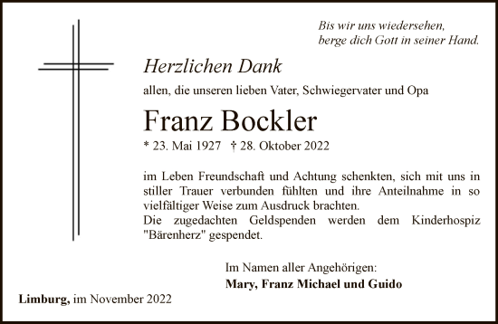 Traueranzeige von Franz Bockler von FNP