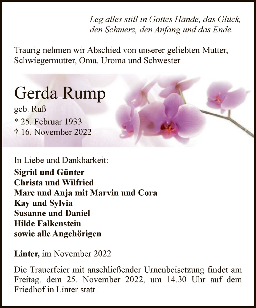  Traueranzeige für Gerda Rump vom 19.11.2022 aus FNP