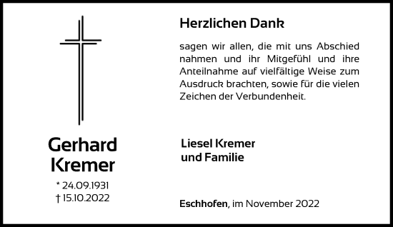 Traueranzeige von Gerhard Kremer von FNP