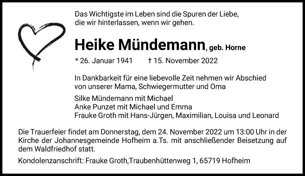  Traueranzeige für Heike Mündemann vom 18.11.2022 aus FNP