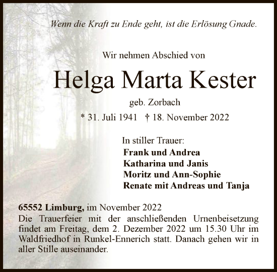 Traueranzeige von Helga Marta Kester von FNP