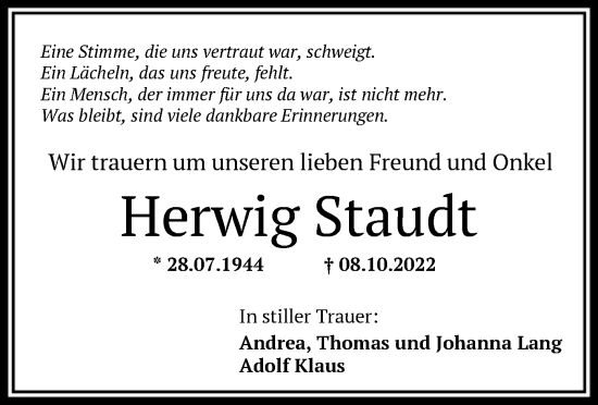 Traueranzeige von Herwig Staudt von FNP