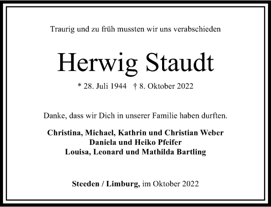 Traueranzeige von Herwig Staudt von FNP