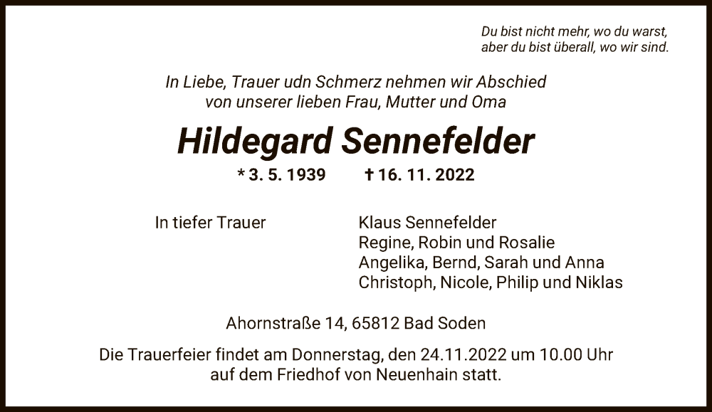  Traueranzeige für Hildegard Sennefelder vom 19.11.2022 aus FNP