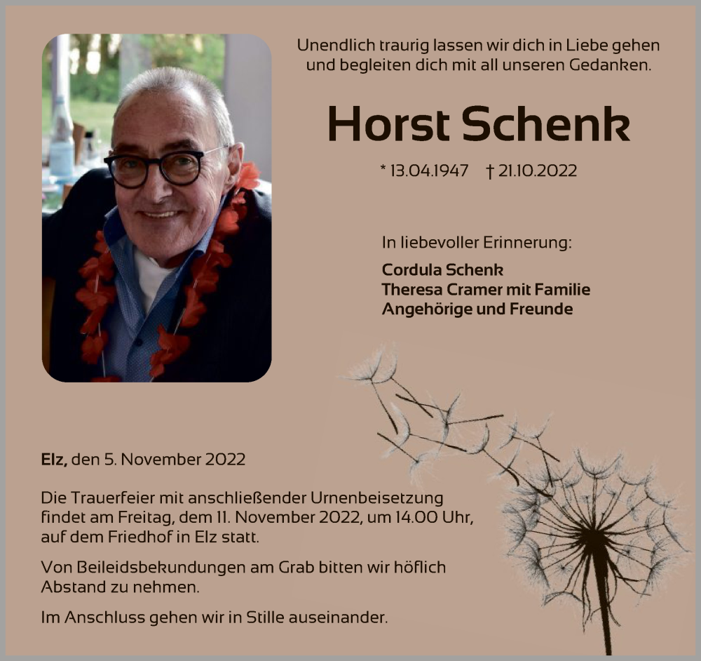  Traueranzeige für Horst Schenk vom 05.11.2022 aus FNP