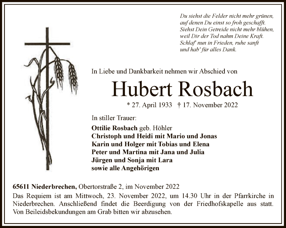  Traueranzeige für Hubert Rosbach vom 19.11.2022 aus FNP