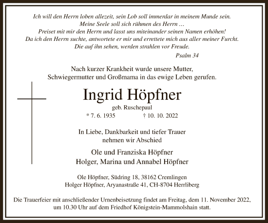 Traueranzeige von Ingrid Höpfner von FNP