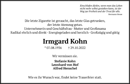 Traueranzeige von Irmgard Kohn von FNP