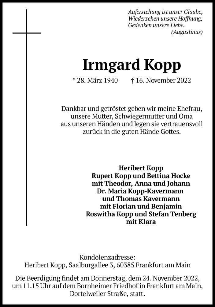  Traueranzeige für Irmgard Kopp vom 21.11.2022 aus FNP