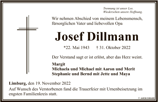 Traueranzeige von Josef Dillmann von FNP