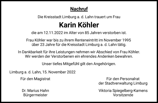 Traueranzeige von Karin Köhler von FNP