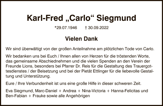 Traueranzeigen von Karl-Fred Siegmund | trauer-rheinmain.de