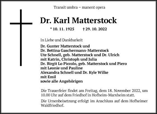 Traueranzeige von Karl Matterstock von FNP