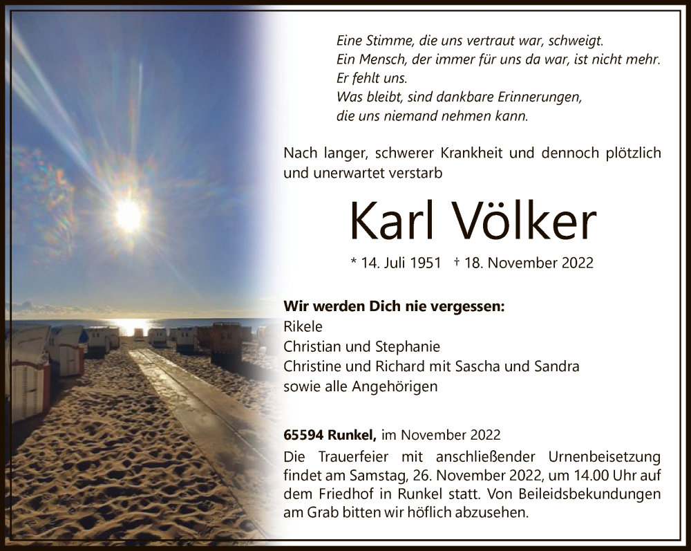  Traueranzeige für Karl Völker vom 23.11.2022 aus FNP