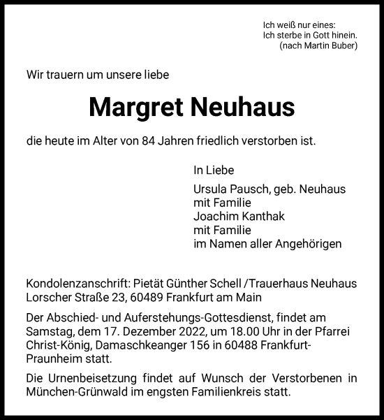 Traueranzeige von Margret Neuhaus von FNP