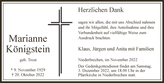 Traueranzeige von Marianne Königstein von FNP