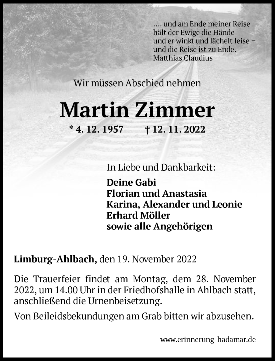 Traueranzeige von Martin Zimmer von FNP