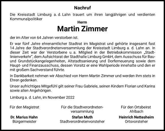 Traueranzeige von Martin Zimmer von FNP