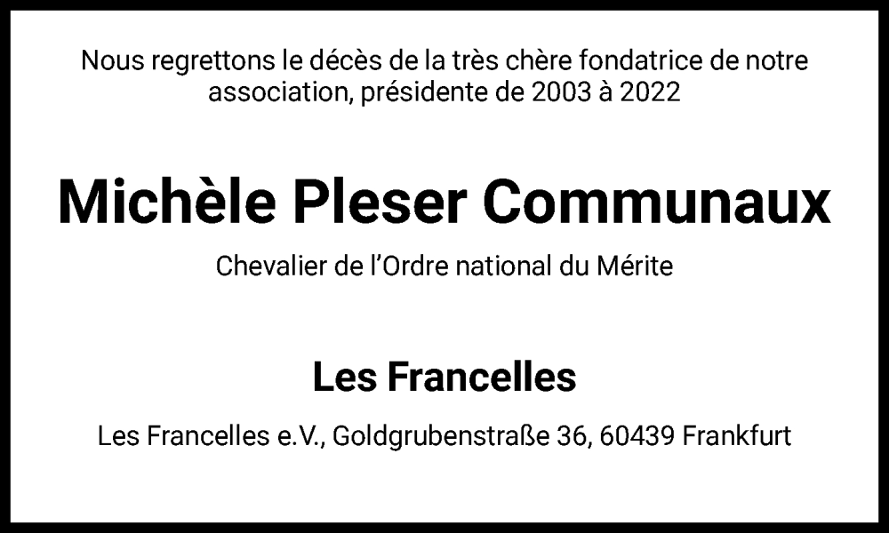  Traueranzeige für Michèle Pleser Communaux vom 24.11.2022 aus FNP