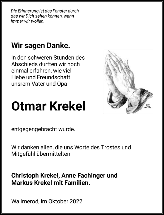 Traueranzeige von Otmar Krekel von FNP