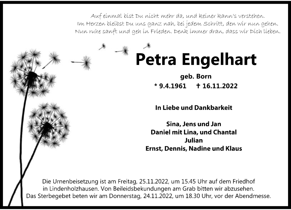  Traueranzeige für Petra Engelhart vom 23.11.2022 aus FNP