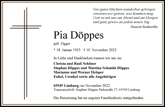 Traueranzeige von Pia Döppes von FNP