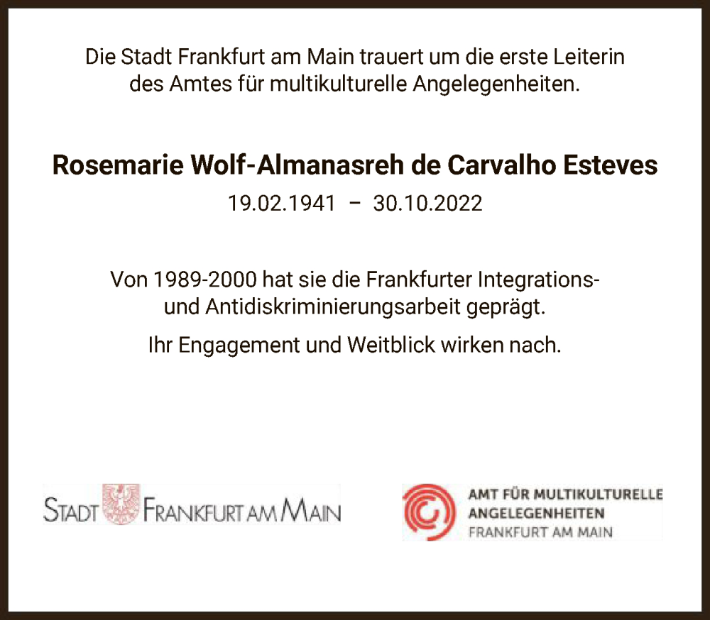  Traueranzeige für Rosemarie Wolf-Almanasreh de Carvalho Esteves vom 22.11.2022 aus FNP