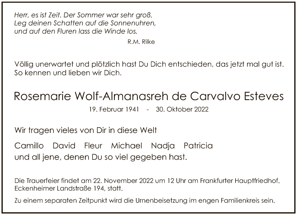 Traueranzeige für Rosemarie Wolf-Almanasreh de Carvalho Esteves vom 12.11.2022 aus FNP