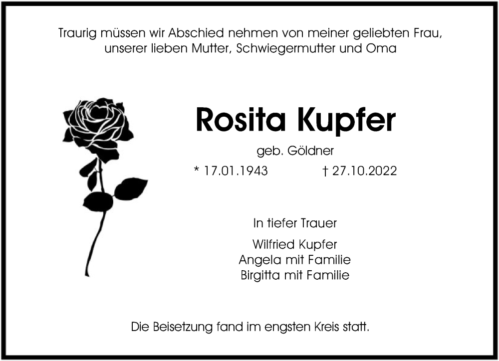  Traueranzeige für Rosita Kupfer vom 12.11.2022 aus FNP