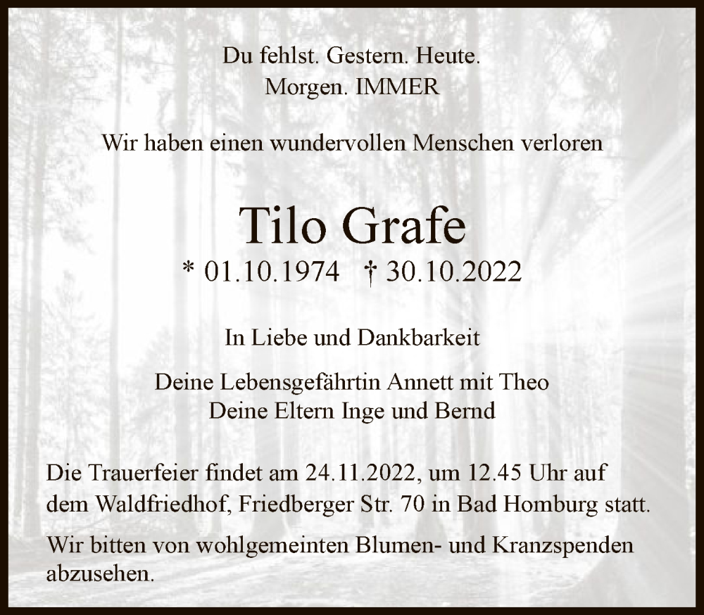  Traueranzeige für Tilo Grafe vom 12.11.2022 aus FNP