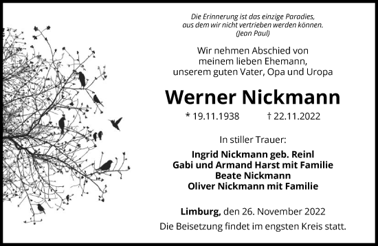 Traueranzeige von Werner Nickmann von FNP