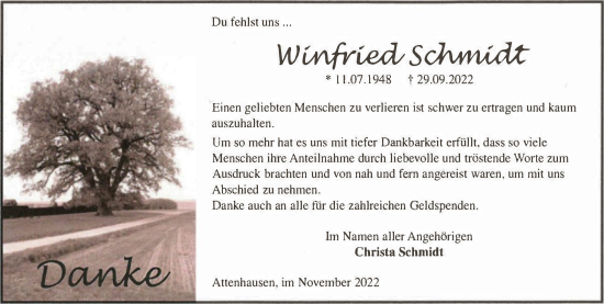 Traueranzeige von Winfried Schmidt von FNP