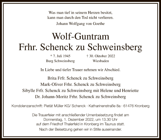 Traueranzeige von Wolf-Guntram Frhr. Schenck zu Schweinsberg von FNP