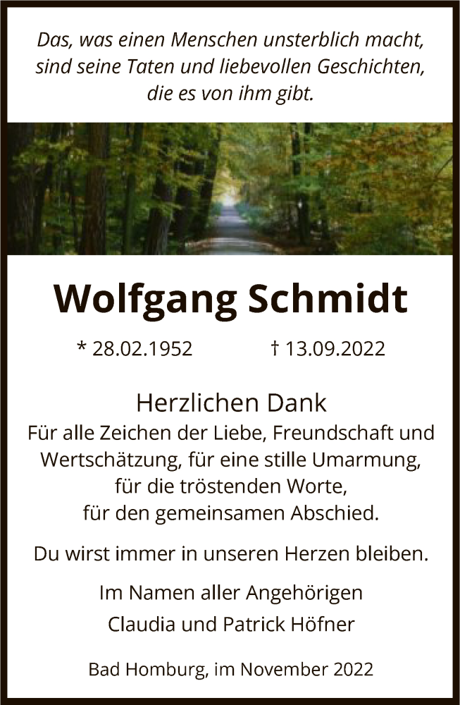  Traueranzeige für Wolfgang Schmidt vom 19.11.2022 aus FNP