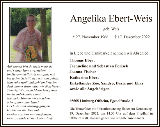 Traueranzeige von Angelika Ebert-Weis von FNP