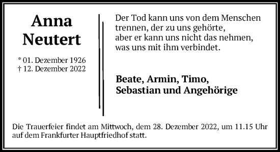 Traueranzeige von Anna Neudert von FNP