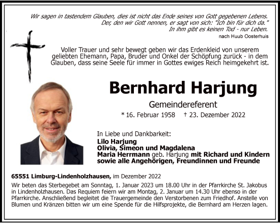 Traueranzeige von Bernhard Harjung von FNP