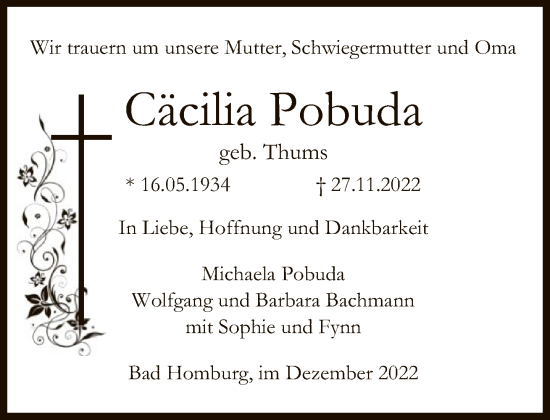 Traueranzeige von Cäcilia Pobuda von FNP