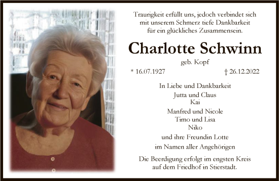 Traueranzeige von Charlotte Schwinn von FNP