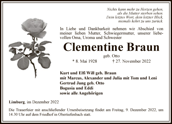 Traueranzeige von Clementine Braun von FNP