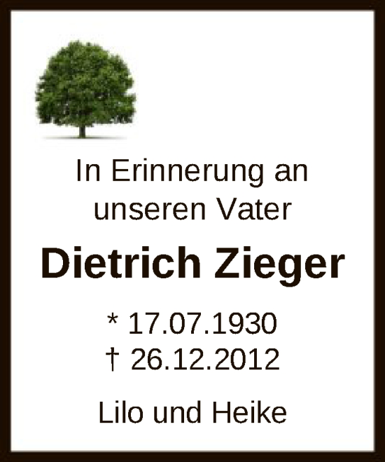 Traueranzeige von Dietrich Zieger von FNP